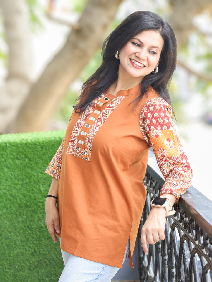 Urvi Tangerine Rust Ajrakh Cotton Short Kurti