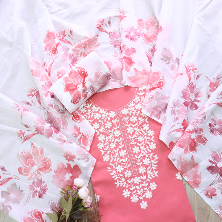 Rubiya Coral Pink Inspired Chikankari Work Neck Cotton Suit Set