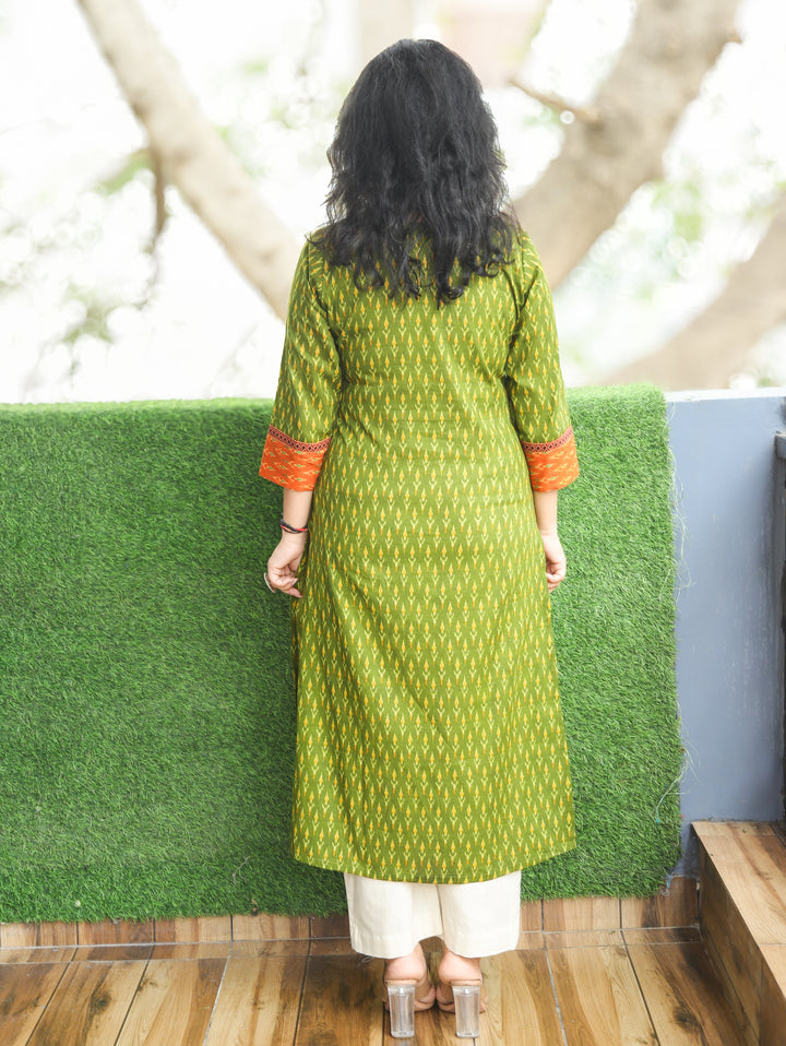 Kesariya Green with Orange Yoke with Mirror Work Ikkat Printed Cotton Kurti