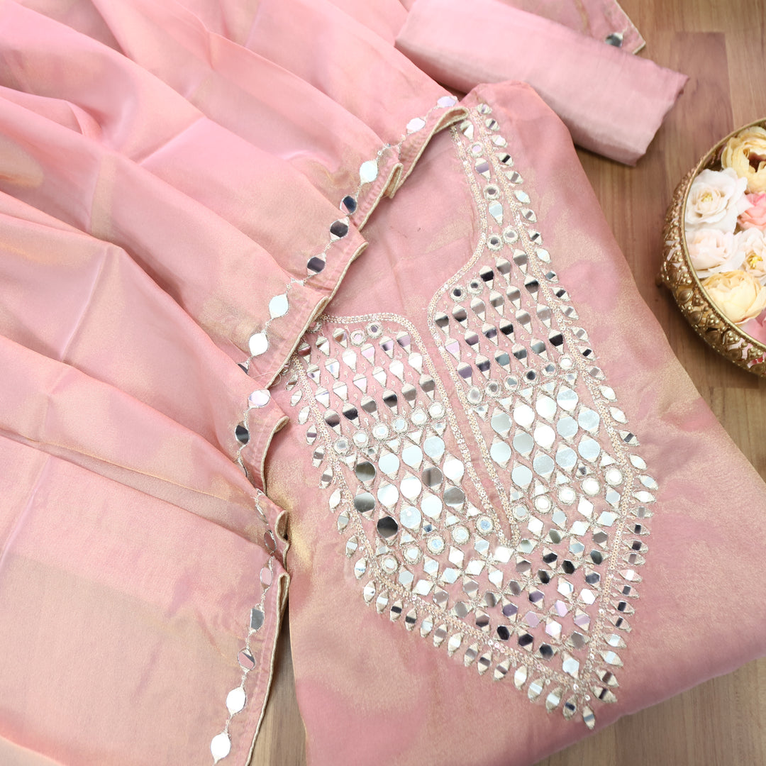 Nandini Softy Pink Zari with Mirror Work Shimmer Tissue Linen Set