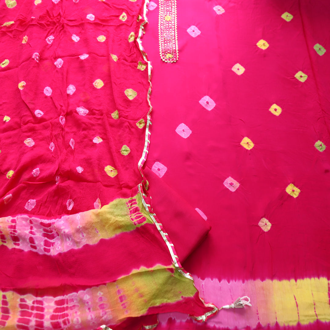 Mehran Rani Pink Patra Work Patch Bandhej Work Crepe Set