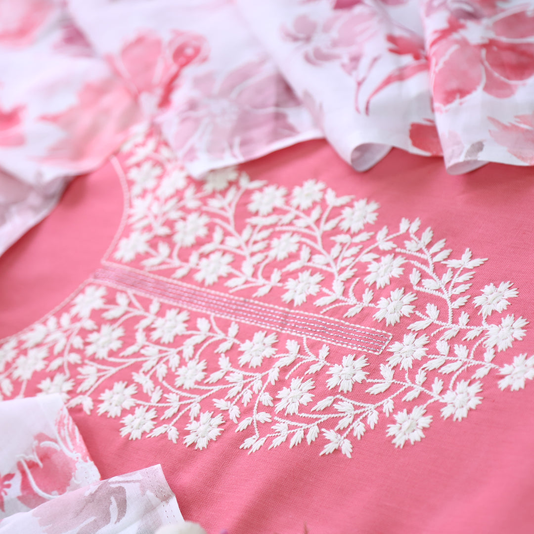 Rubiya Coral Pink Inspired Chikankari Work Neck Cotton Suit Set