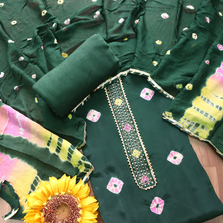 Mehran Emerlad Green Patra Work Patch Bandhej Work Crepe Set