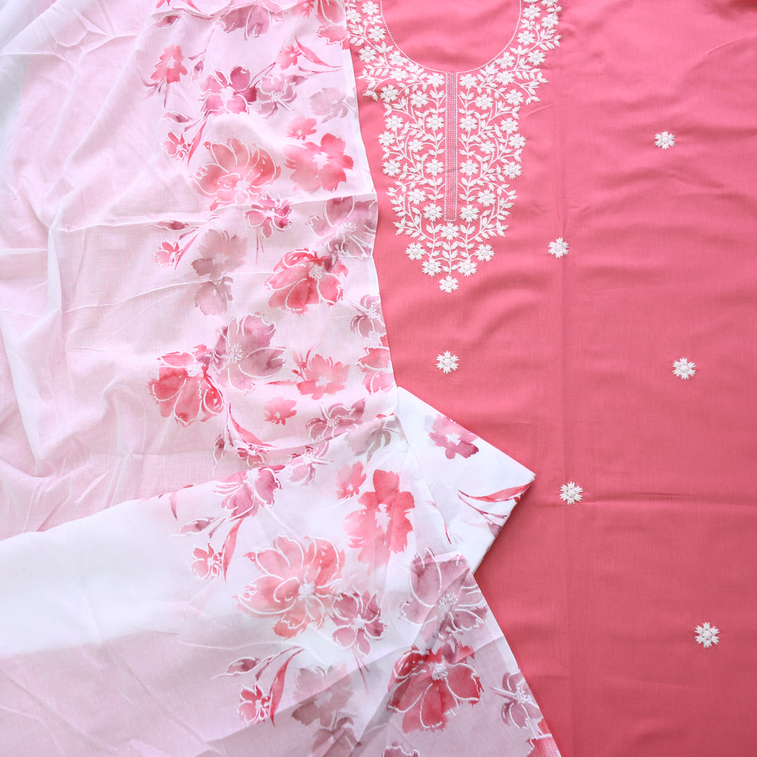 Rubiya Coral Pink Inspired Chikankari Work Neck Cotton Suit Set