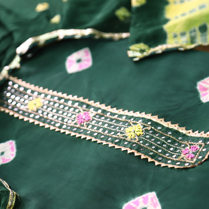 Mehran Emerlad Green Patra Work Patch Bandhej Work Crepe Set