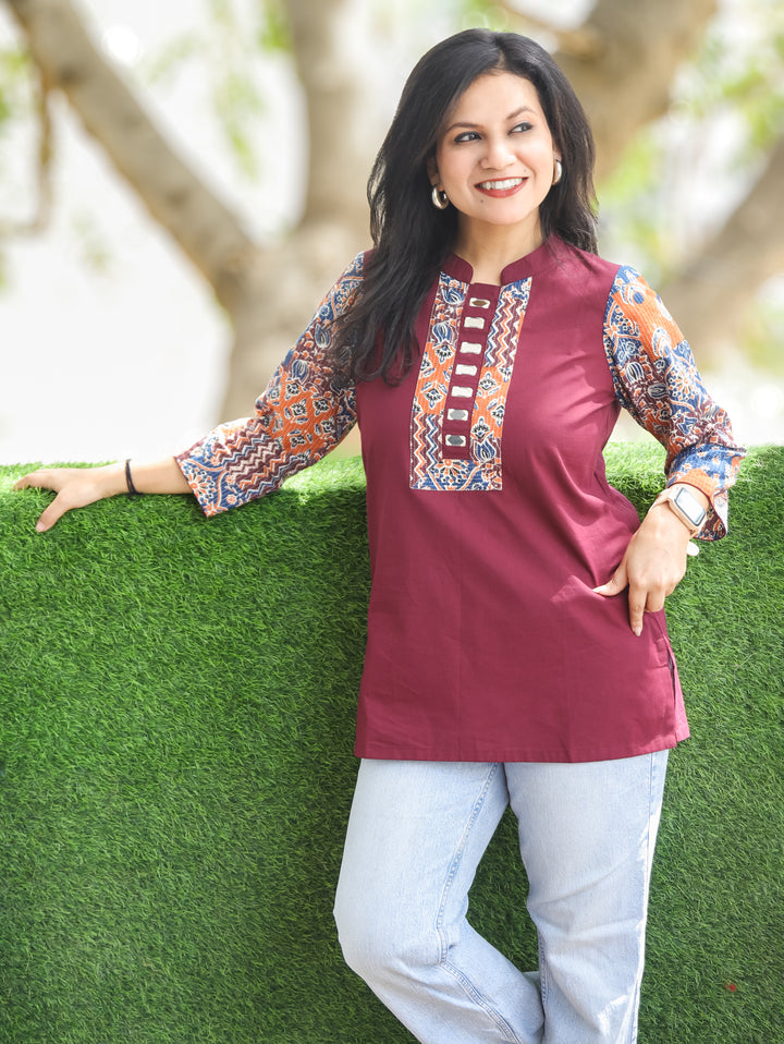 Urvi Burgundy Wine Ajrakh Cotton Short Kurti