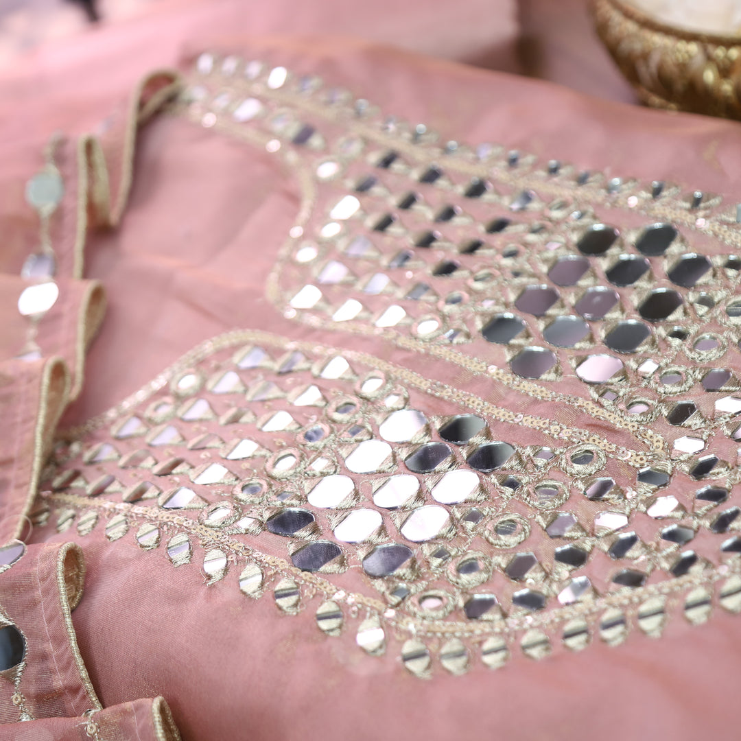 Nandini Softy Pink Zari with Mirror Work Shimmer Tissue Linen Set