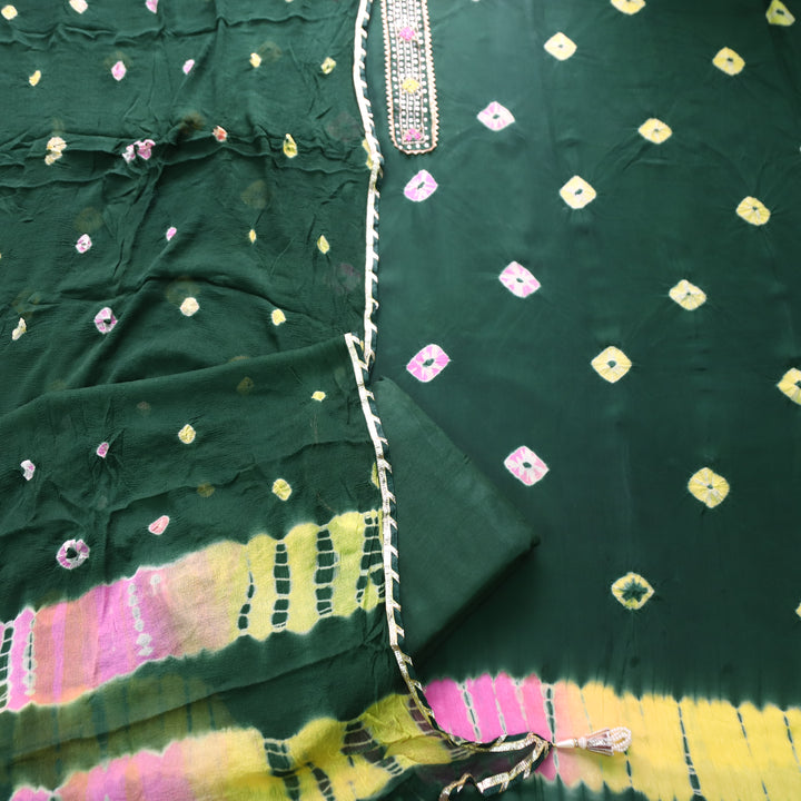 Mehran Emerlad Green Patra Work Patch Bandhej Work Crepe Set