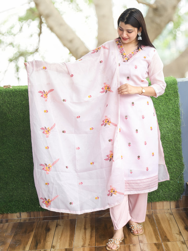Madhavi LillY Lilac All Over Embroidered Work with V Neck Kota Doriya 3 Piece Set