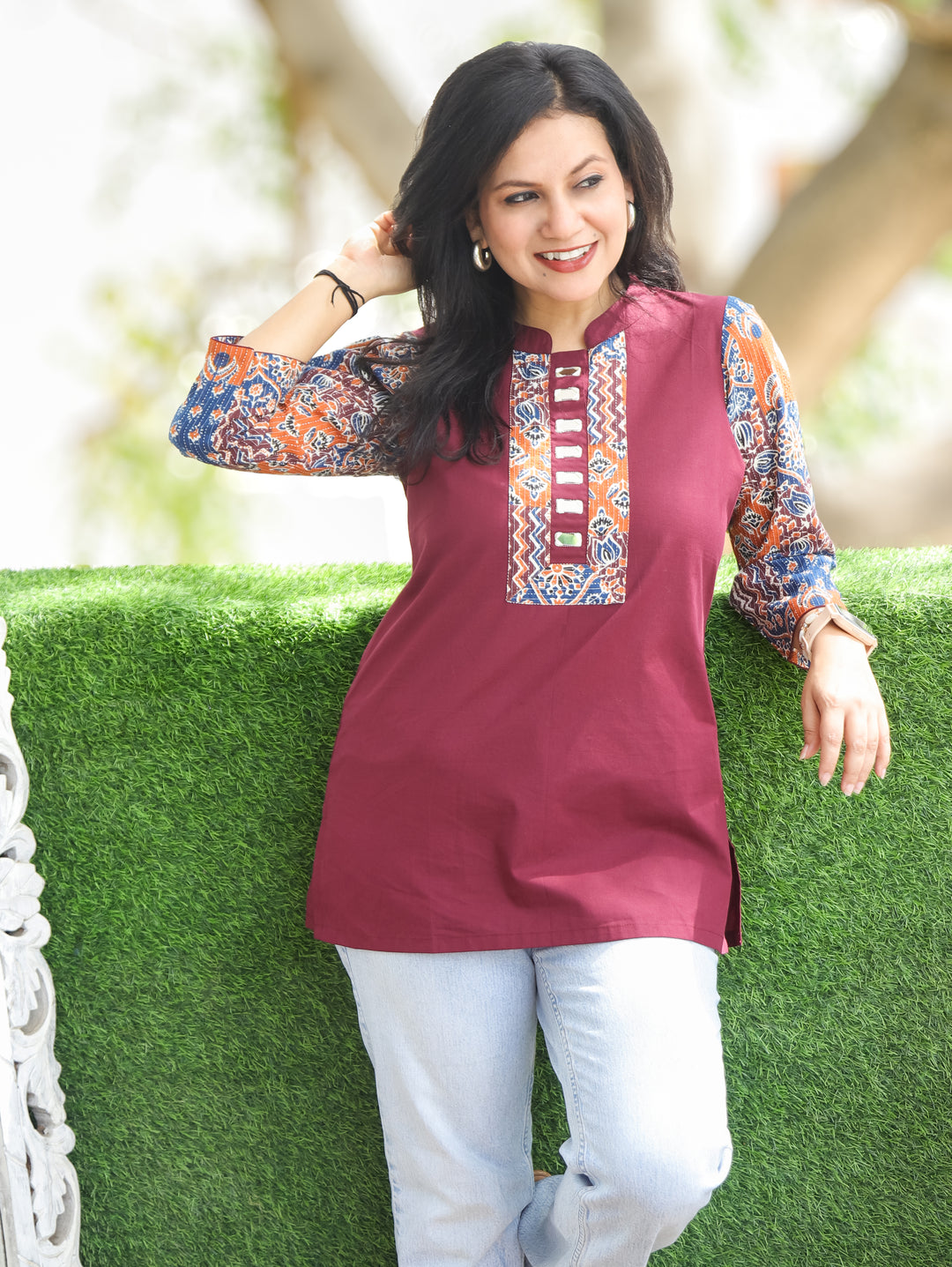 Urvi Burgundy Wine Ajrakh Cotton Short Kurti