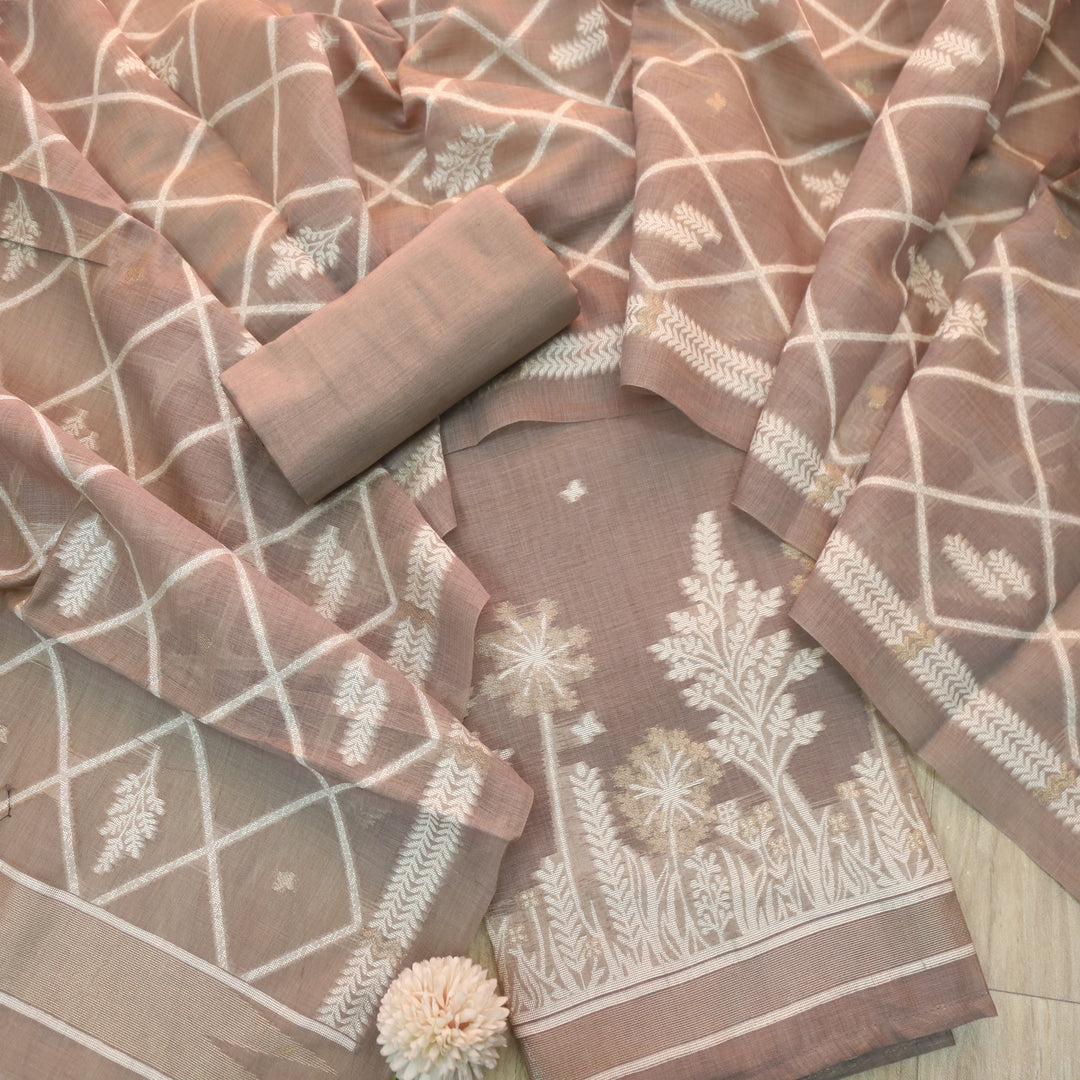 Naari Tan Brown with Zari and Weaved Jamdani Suit Set