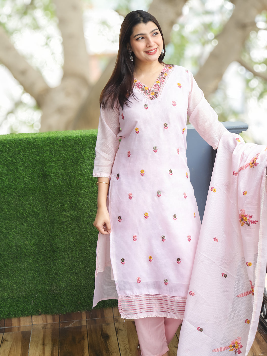 Madhavi LillY Lilac All Over Embroidered Work with V Neck Kota Doriya 3 Piece Set