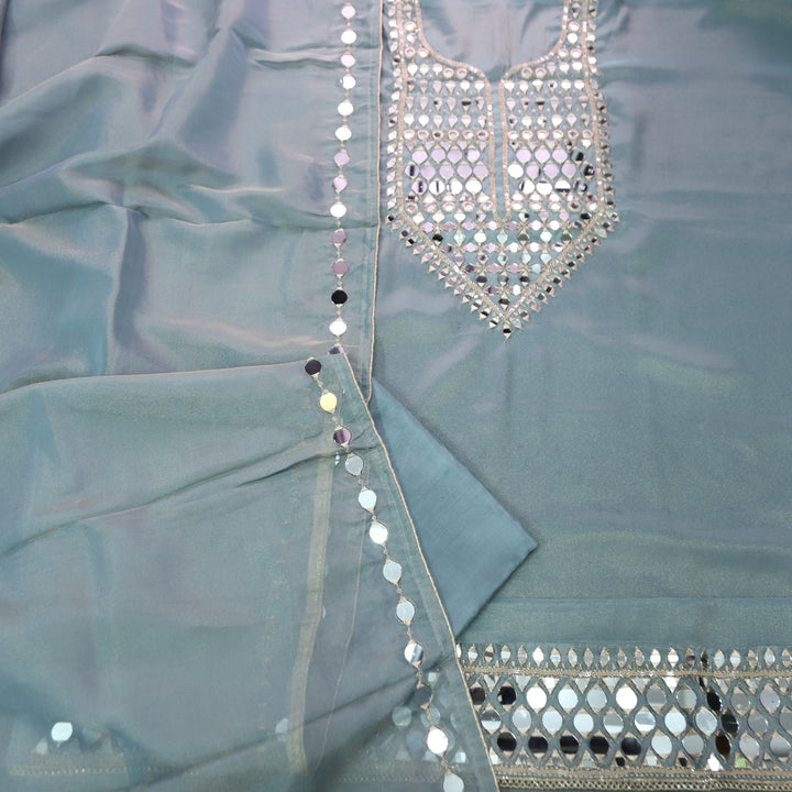 Nandini Ice Blue Zari with Mirror Work SHimmer Tissue Linen Set