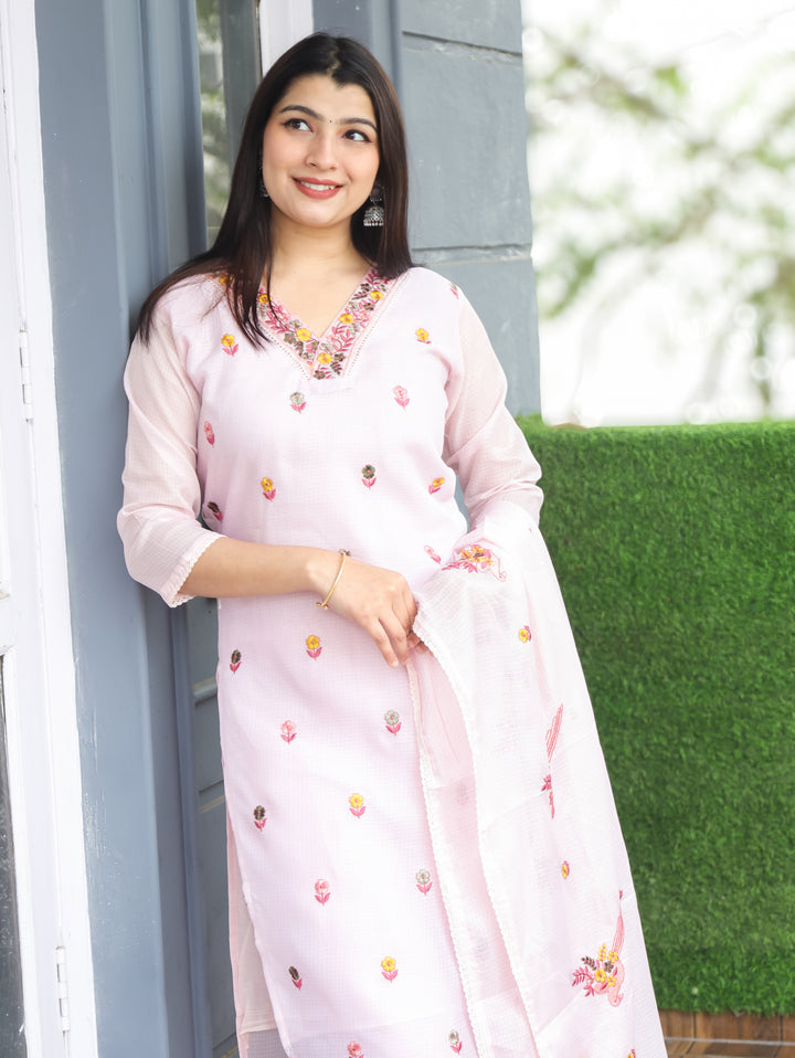 Madhavi LillY Lilac All Over Embroidered Work with V Neck Kota Doriya 3 Piece Set