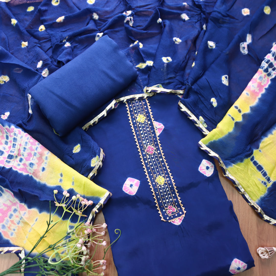 Mehran Royal Blue Patra Work Patch Bandhej Work Crepe Set