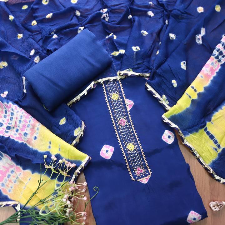 Mehran Royal Blue Patra Work Patch Bandhej Work Crepe Set