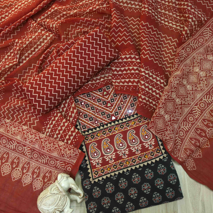 Maduni Night Black Mirror Work with Ajrak Printed Cotton Suit Set D4