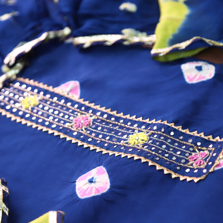 Mehran Royal Blue Patra Work Patch Bandhej Work Crepe Set