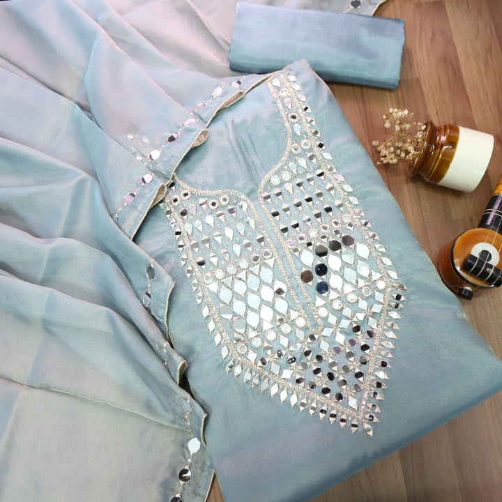 Nandini Ice Blue Zari with Mirror Work SHimmer Tissue Linen Set
