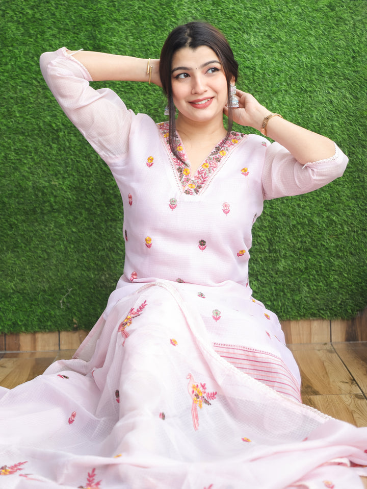 Madhavi LillY Lilac All Over Embroidered Work with V Neck Kota Doriya 3 Piece Set