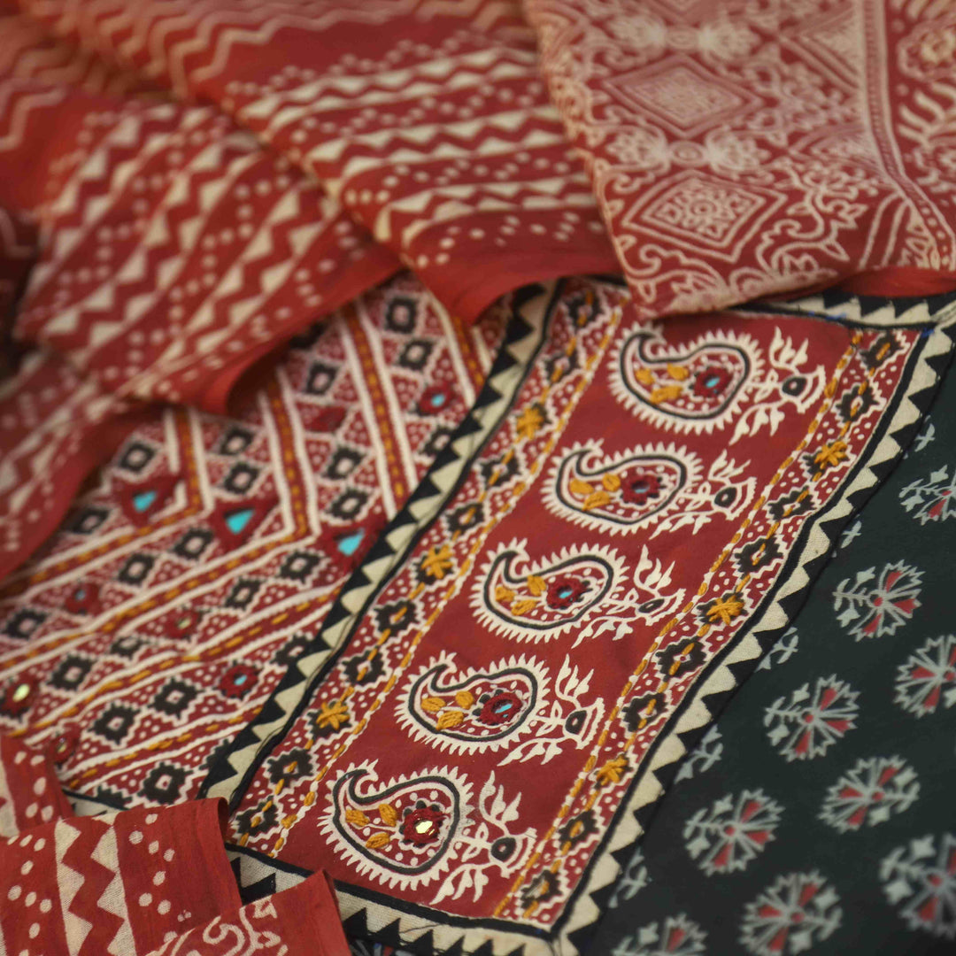 Maduni Night Black Mirror Work with Ajrak Printed Cotton Suit Set D4