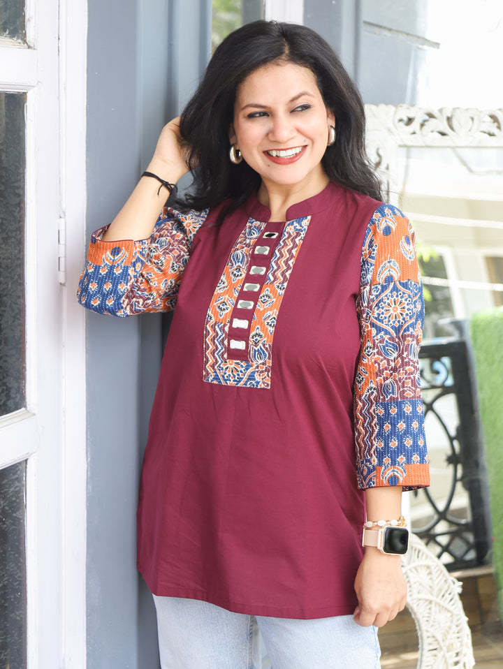 Urvi Burgundy Wine Ajrakh Cotton Short Kurti