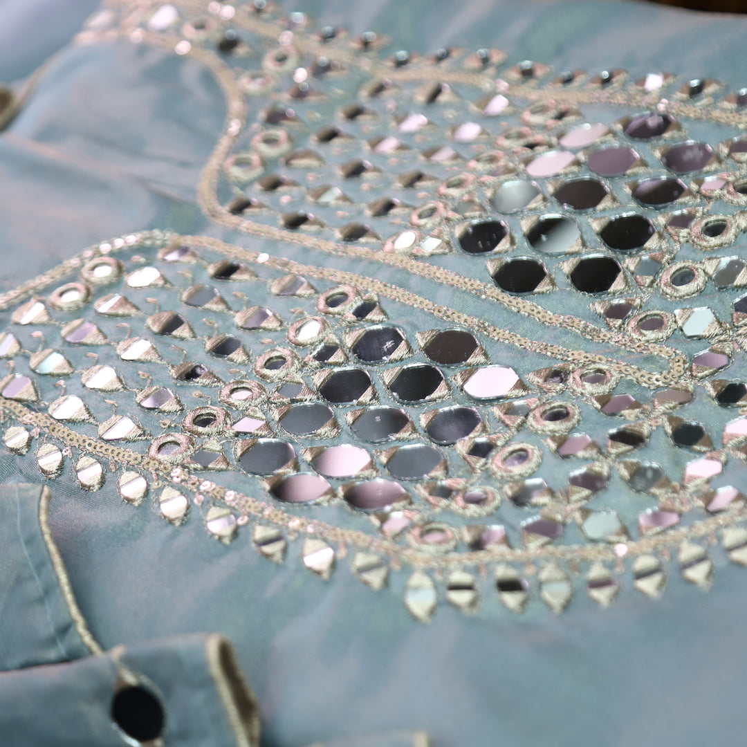 Nandini Ice Blue Zari with Mirror Work SHimmer Tissue Linen Set