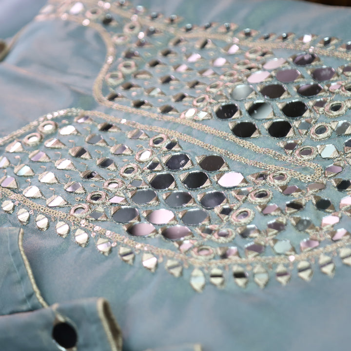 Nandini Ice Blue Zari with Mirror Work SHimmer Tissue Linen Set