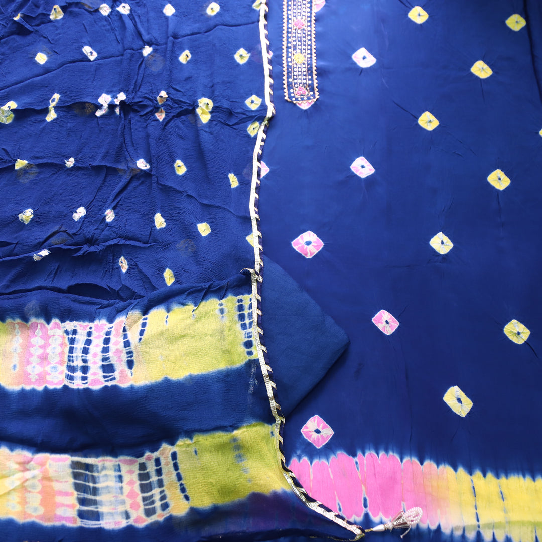 Mehran Royal Blue Patra Work Patch Bandhej Work Crepe Set