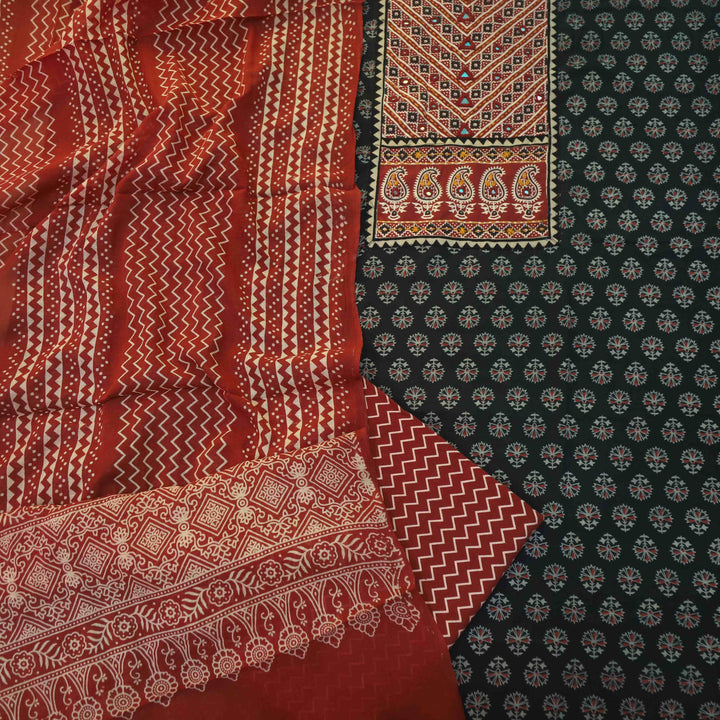Maduni Night Black Mirror Work with Ajrak Printed Cotton Suit Set D4