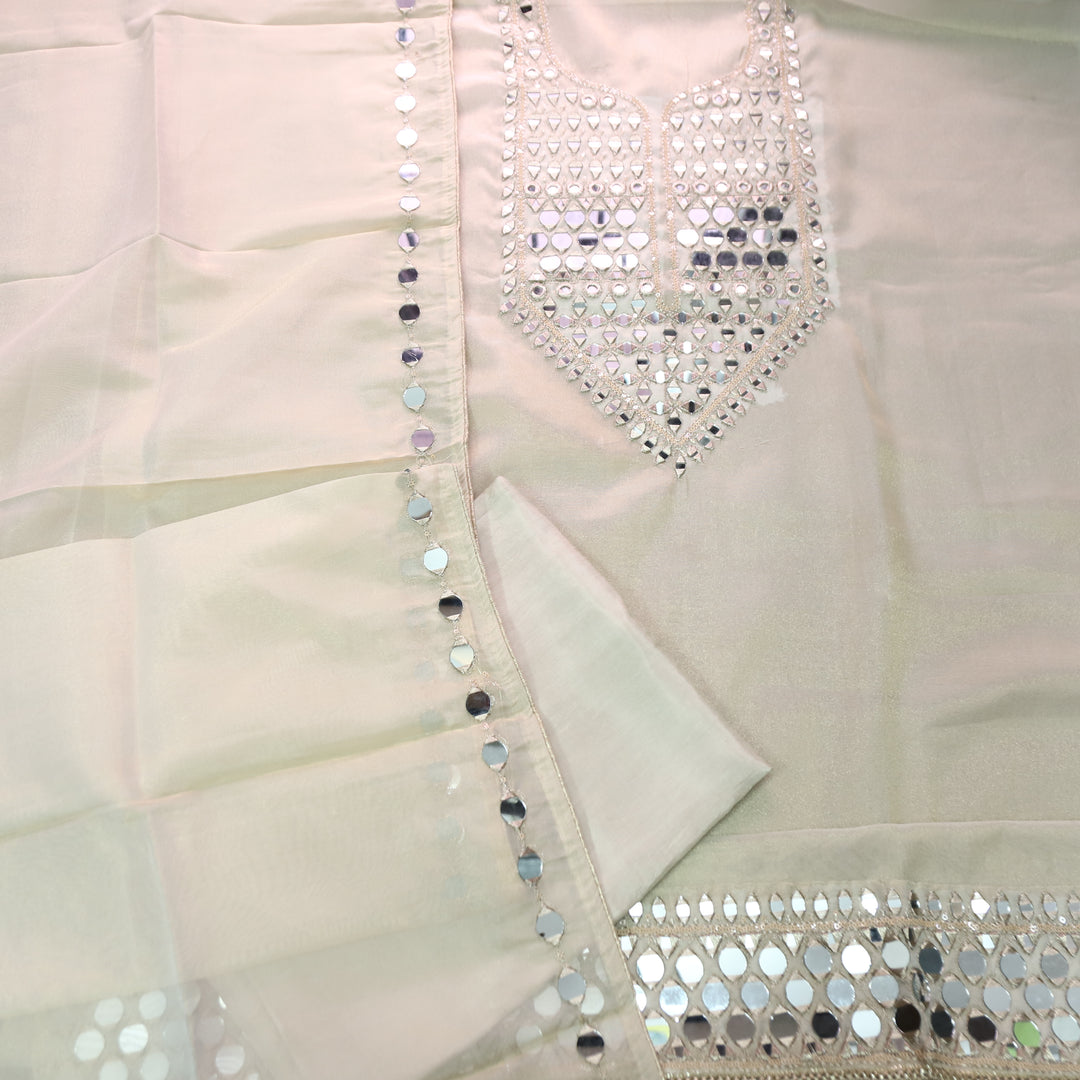 Nandini Creme Beige Zari with Mirror Work Shimmer Tissue Linen Set