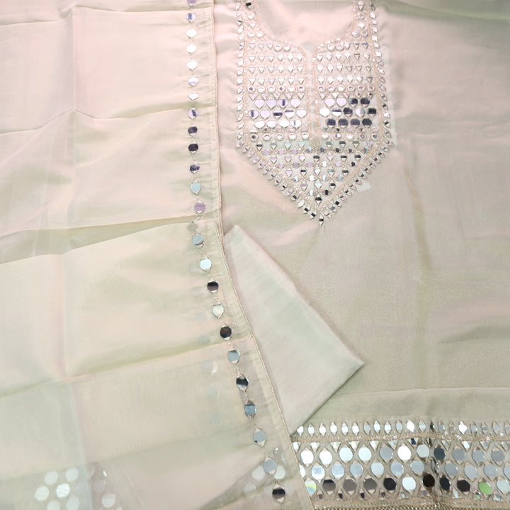 Nandini Creme Beige Zari with Mirror Work Shimmer Tissue Linen Set