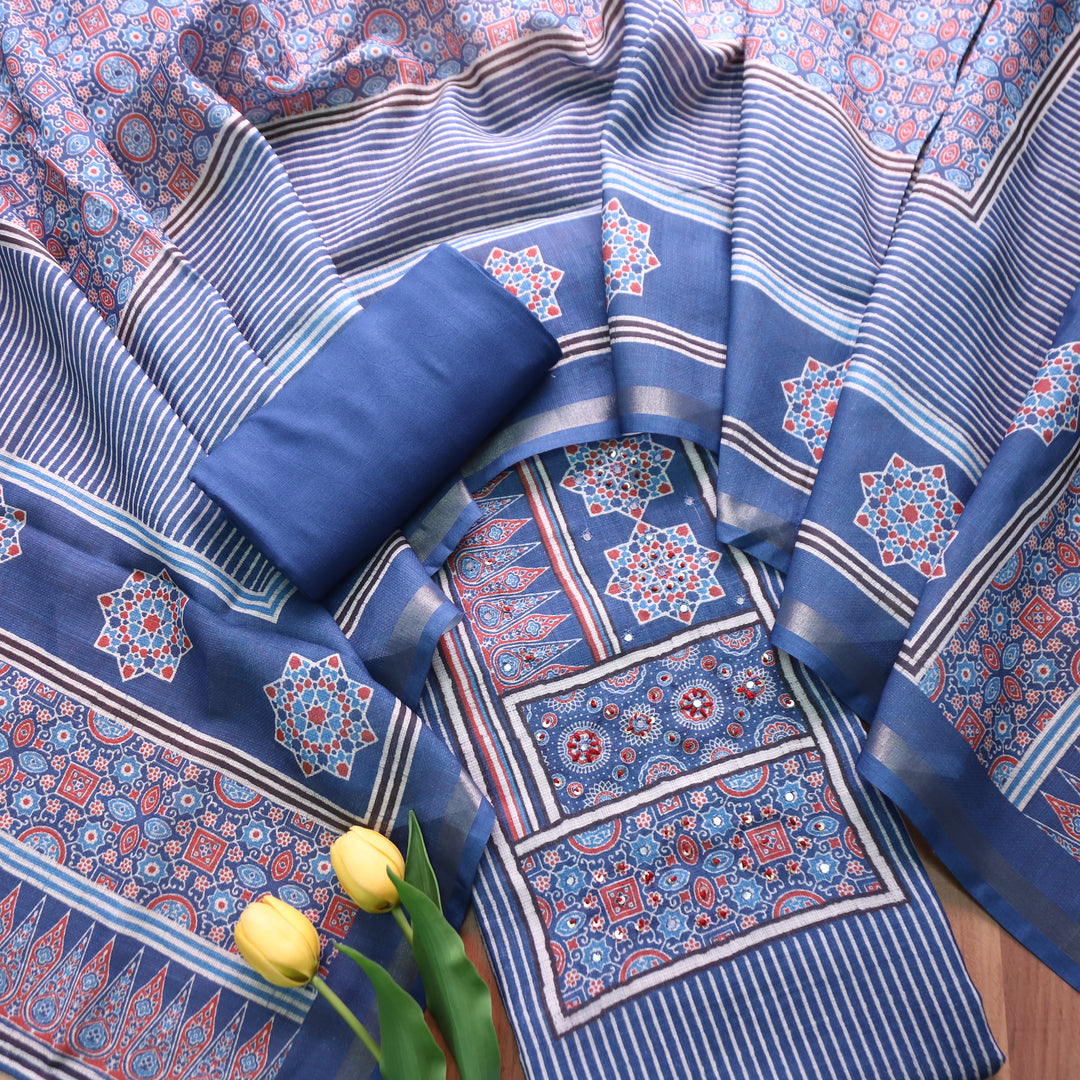 Mannat Faded Blue Digital Ajrak Print Cotton Chanderi Set D1
