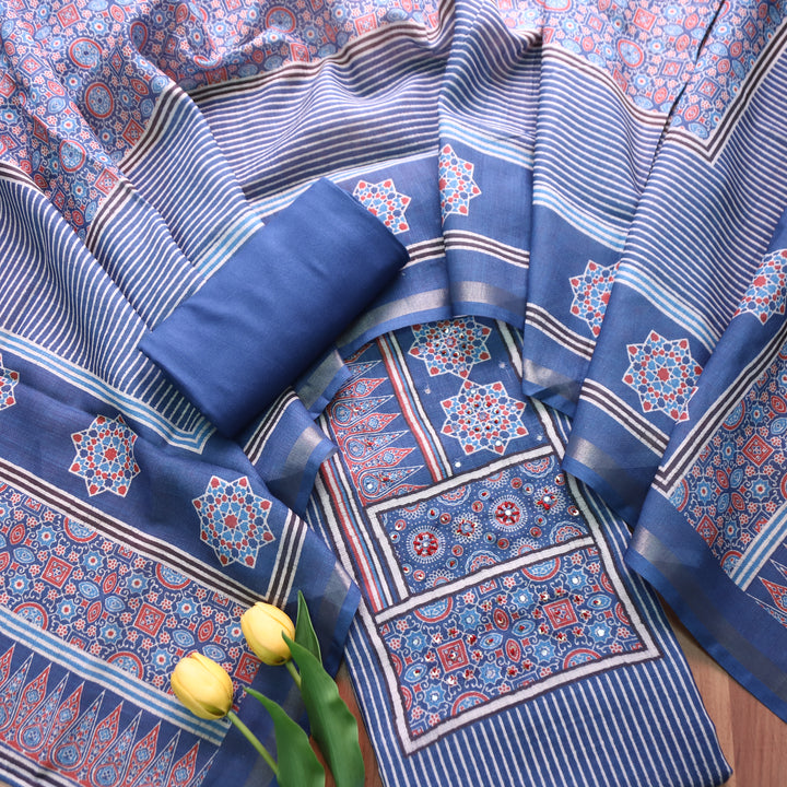 Mannat Faded Blue Digital Ajrak Print Cotton Chanderi Set D1