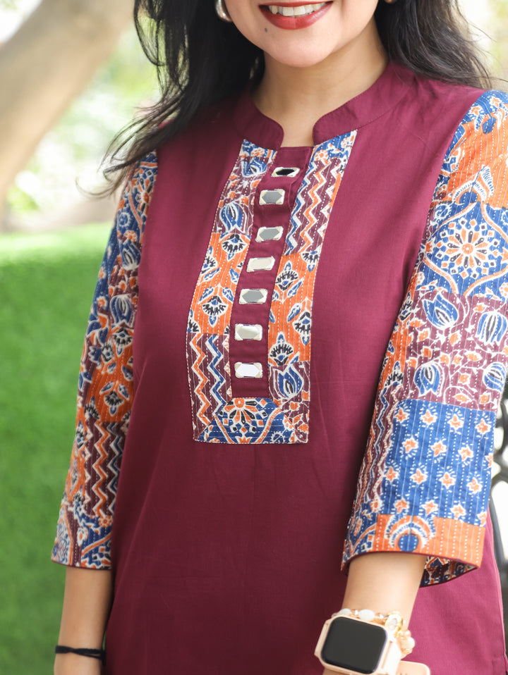 Urvi Burgundy Wine Ajrakh Cotton Short Kurti