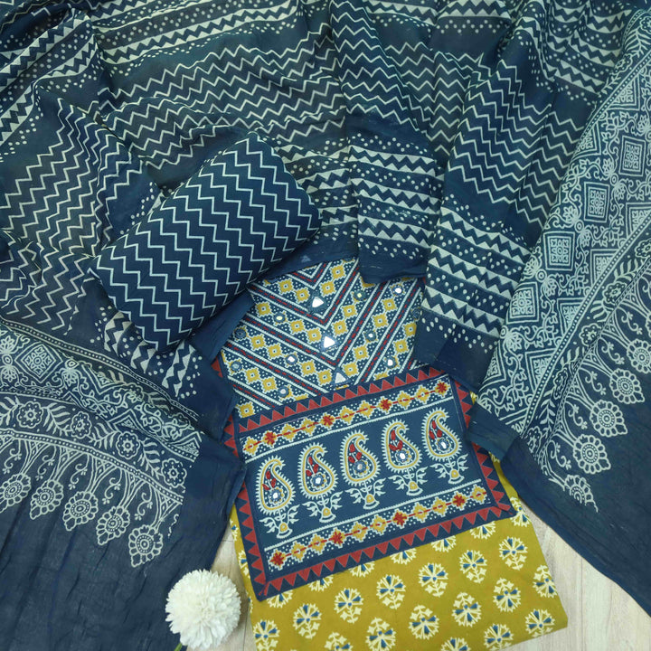 Maduni Canary Yellow Mirror Work with Ajrak Printed Cotton Suit Set D4