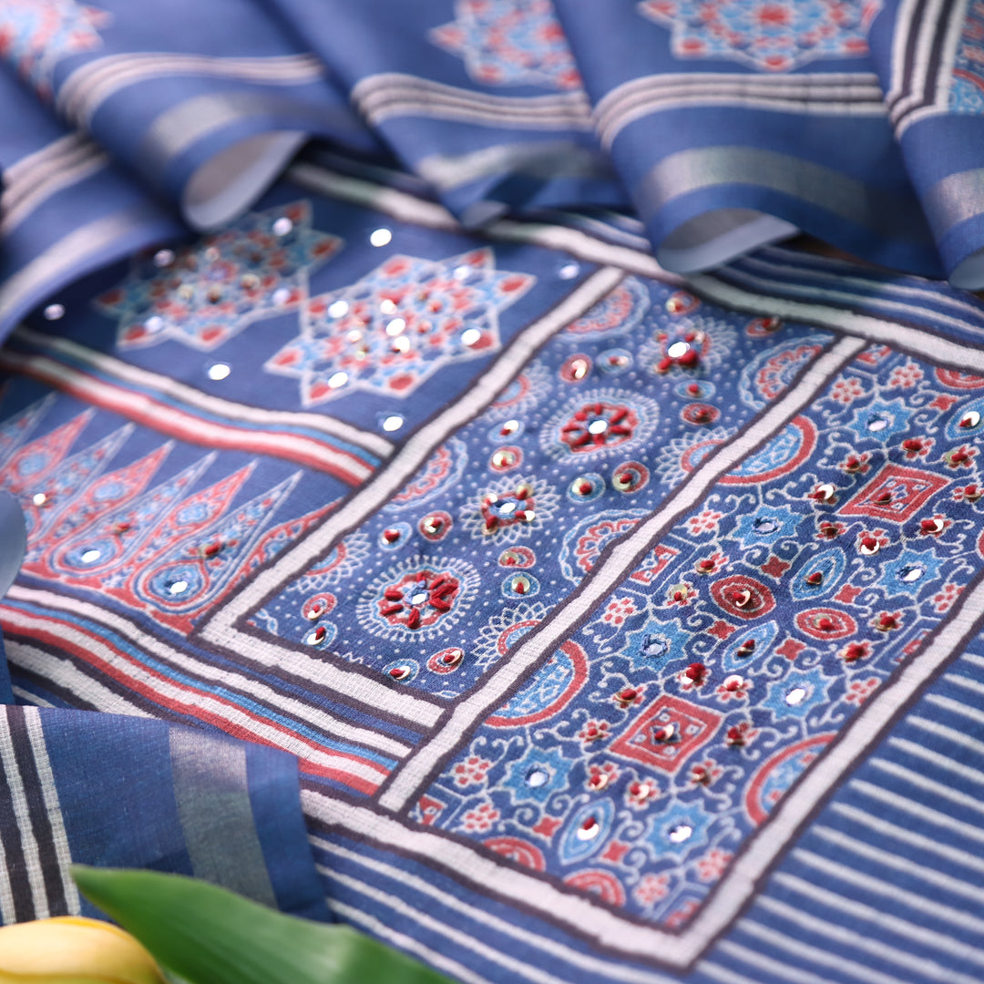 Mannat Faded Blue Digital Ajrak Print Cotton Chanderi Set D1