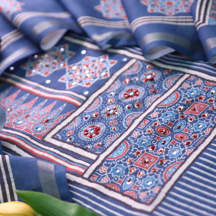 Mannat Faded Blue Digital Ajrak Print Cotton Chanderi Set D1