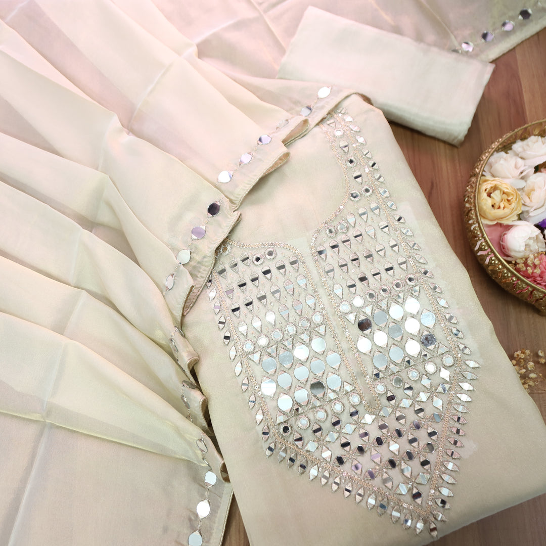 Nandini Creme Beige Zari with Mirror Work Shimmer Tissue Linen Set