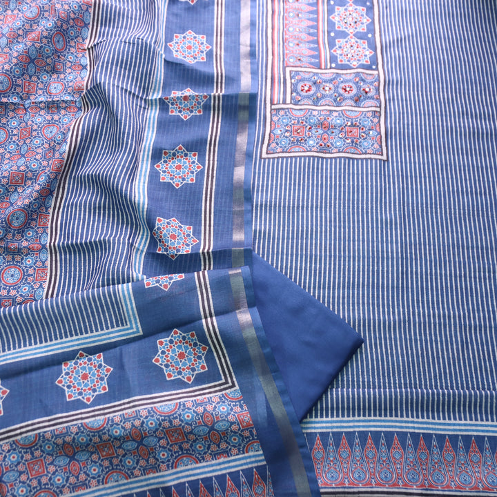 Mannat Faded Blue Digital Ajrak Print Cotton Chanderi Set D1