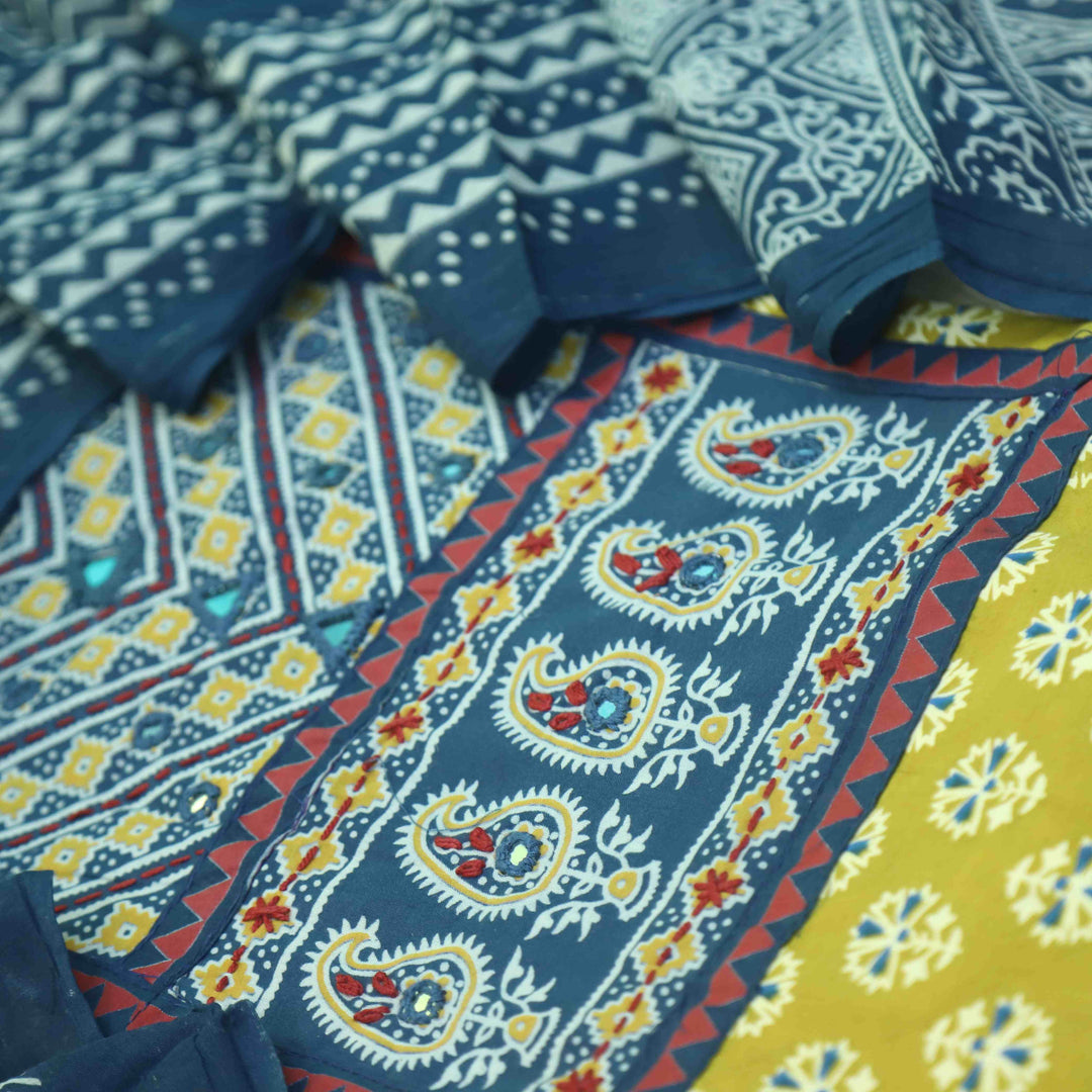 Maduni Canary Yellow Mirror Work with Ajrak Printed Cotton Suit Set D4