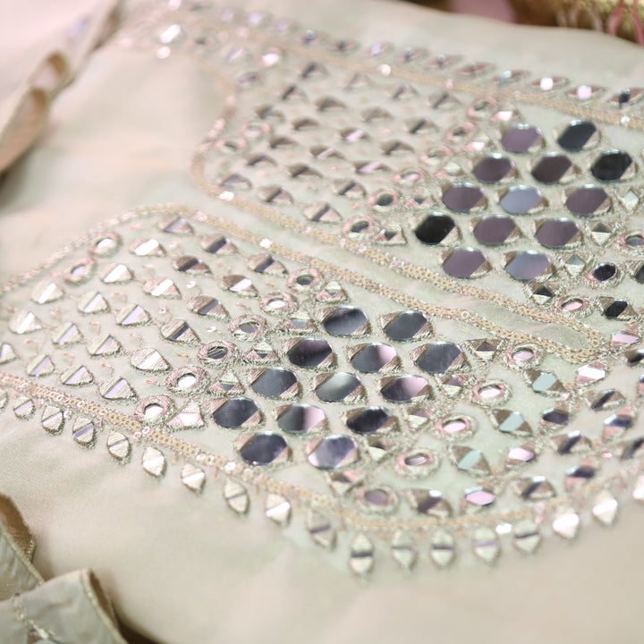 Nandini Creme Beige Zari with Mirror Work Shimmer Tissue Linen Set