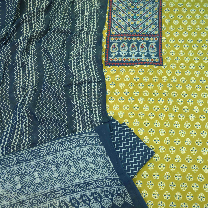Maduni Canary Yellow Mirror Work with Ajrak Printed Cotton Suit Set D4