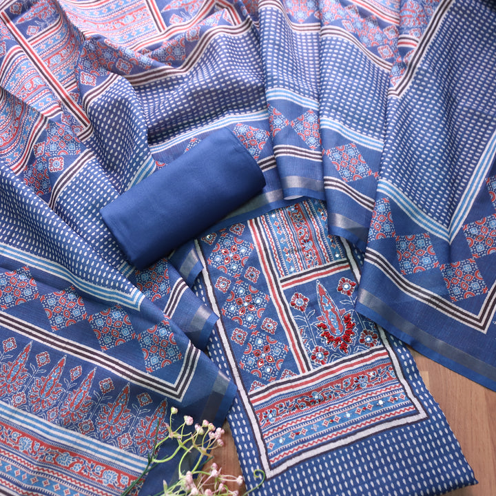 Mannat Faded Blue Digital Ajrak Print Cotton Chanderi Set D2