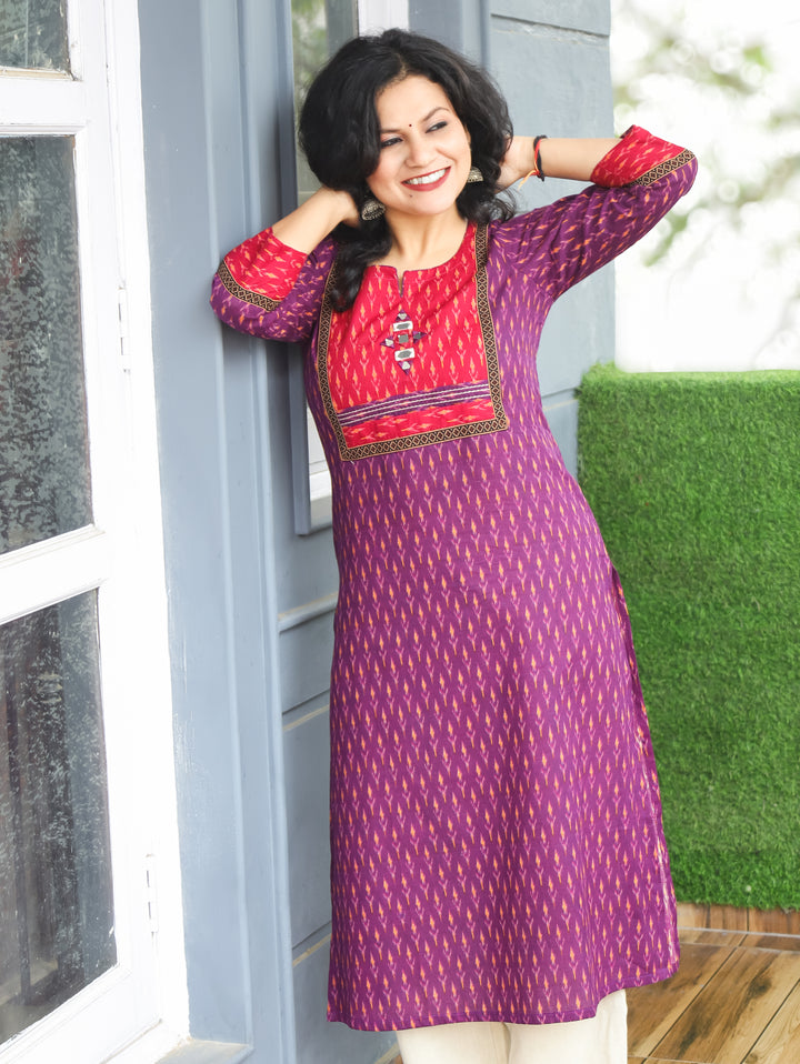 Kesariya Purple with Pink Yoke with Mirror Work Ikkat Printed Cotton Kurti