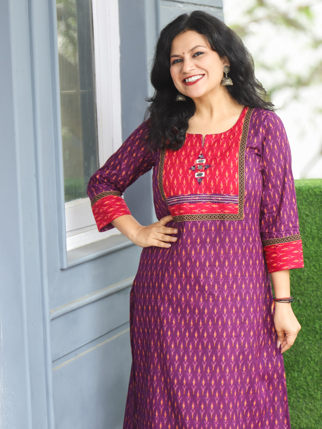 Kesariya Purple with Pink Yoke with Mirror Work Ikkat Printed Cotton Kurti