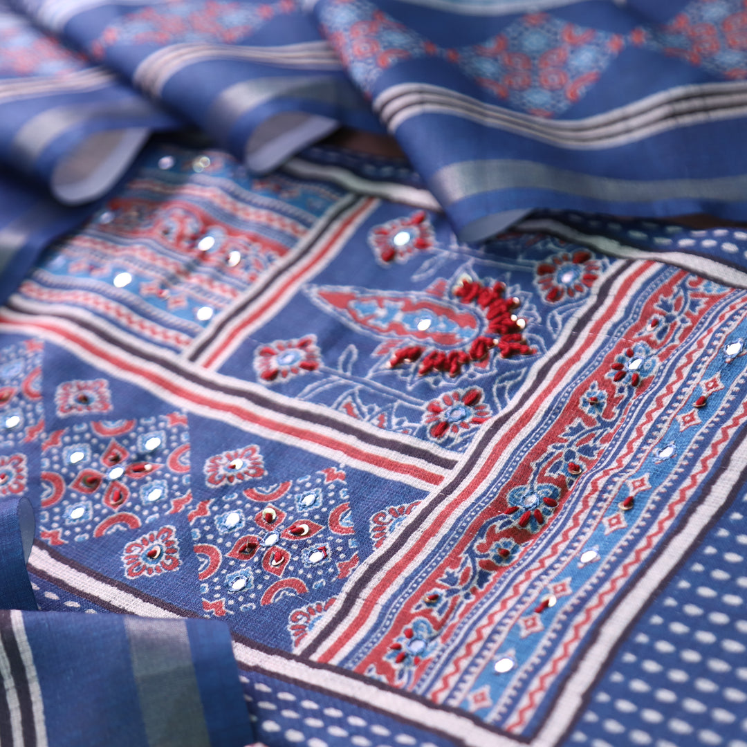 Mannat Faded Blue Digital Ajrak Print Cotton Chanderi Set D2