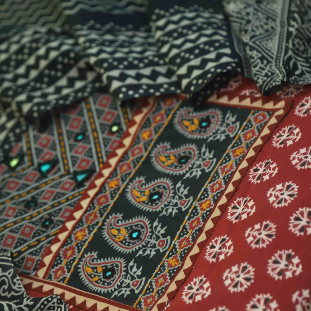 Maduni Cherry Red Mirror Work with Ajrak Printed Cotton Suit Set-D4