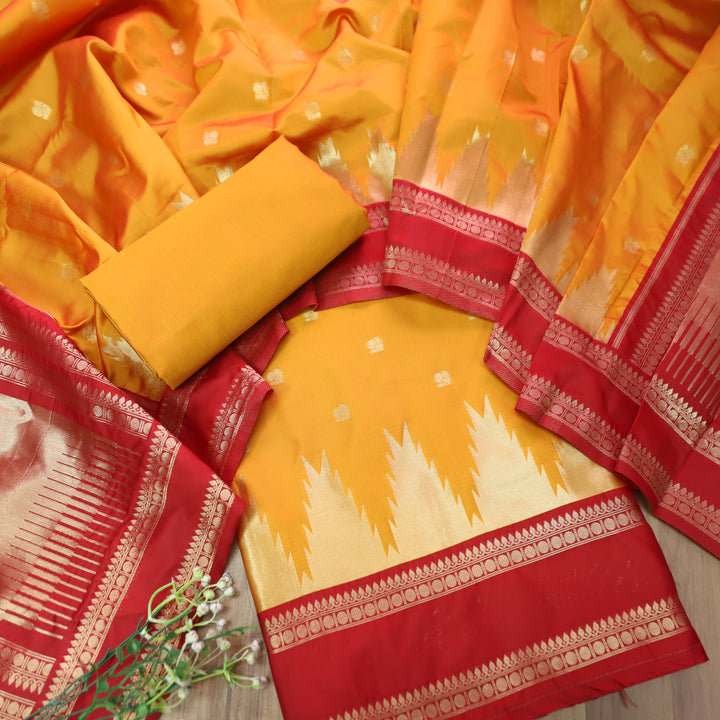 Bhanushi Tiger Orange Brocade Woven Hem Banarasi Silk Set