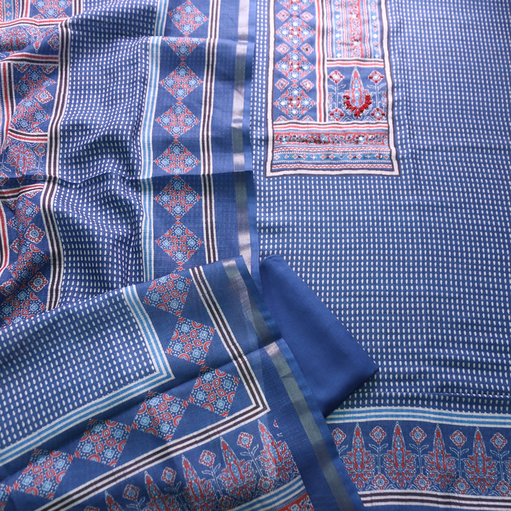 Mannat Faded Blue Digital Ajrak Print Cotton Chanderi Set D2